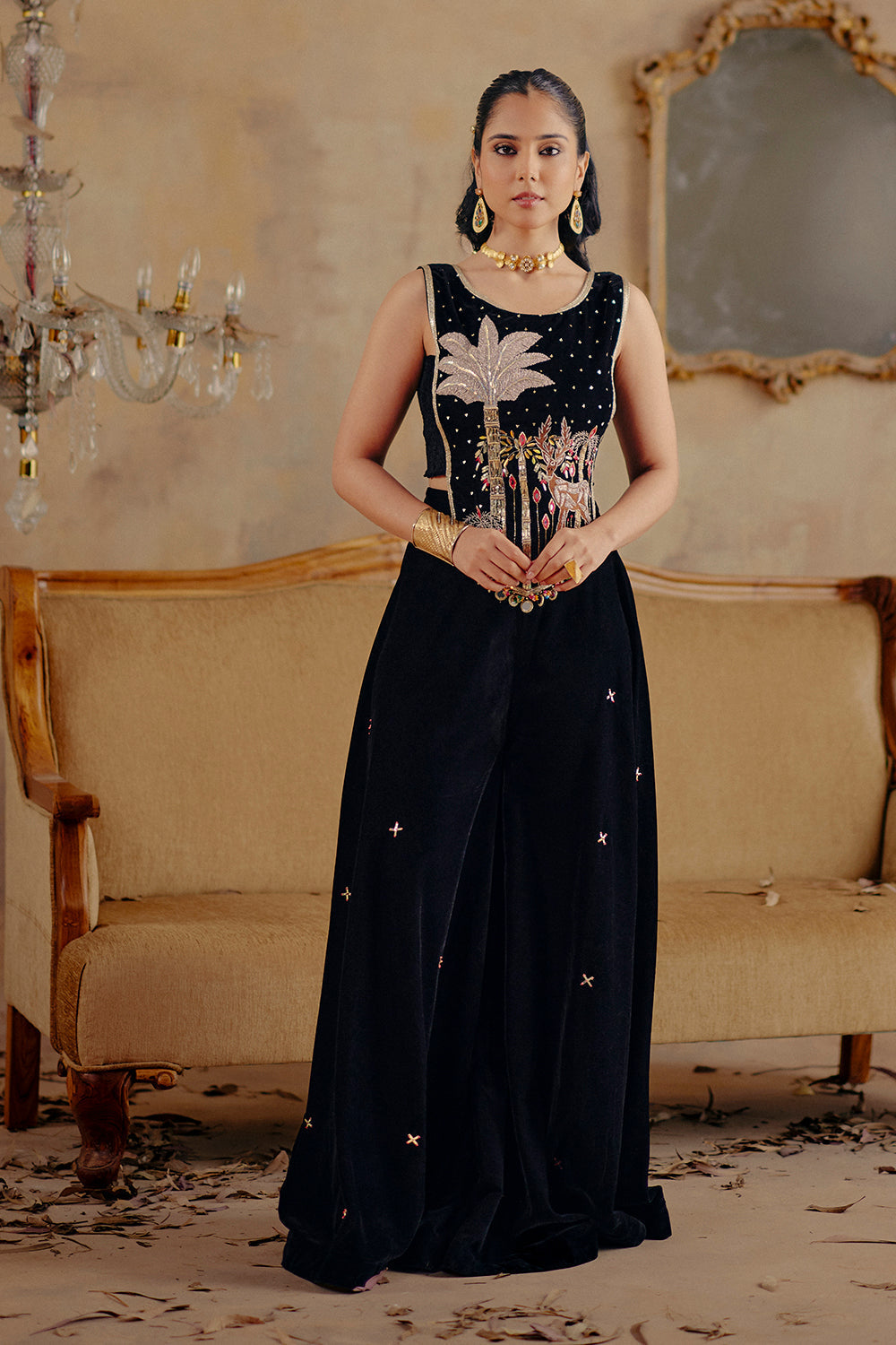 Black Velvet Hand-Embroidered Chandni Sharara Set for Festive Evenings