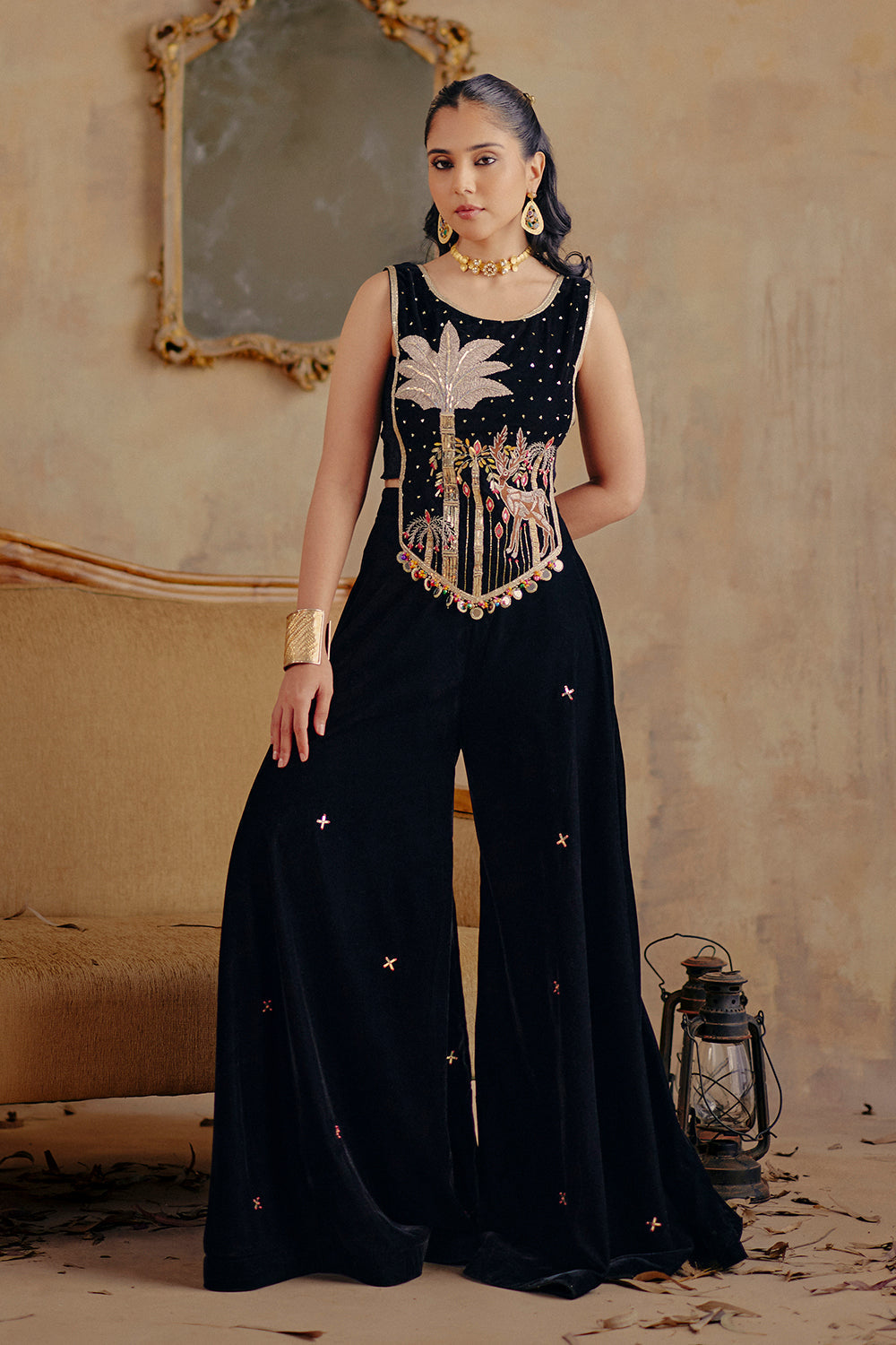 Black Velvet Sharara Set with Hand-Embroidered Forest Motif - Chandni