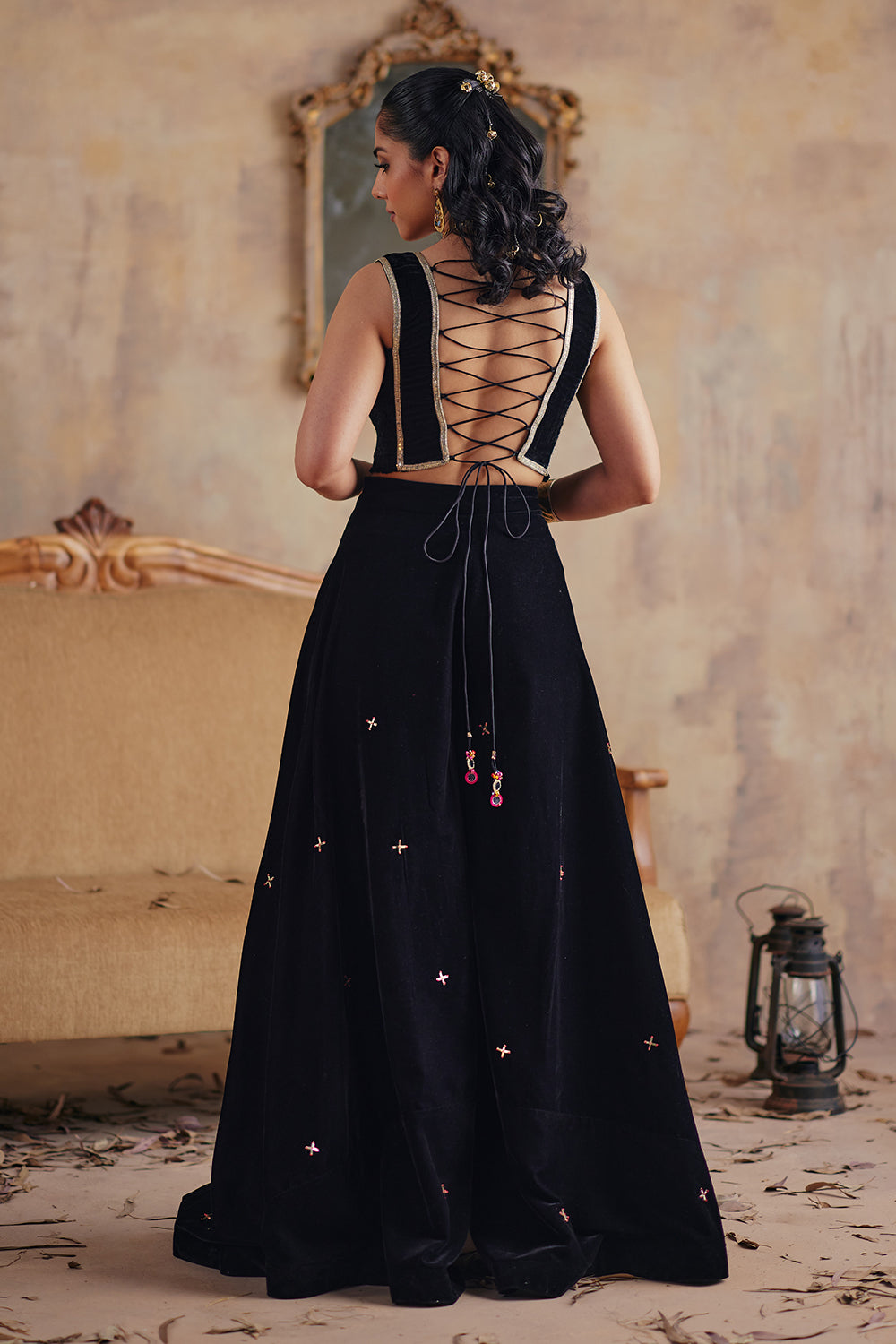 Black Velvet Hand-Embroidered Chandni Sharara Set for Festive Evenings