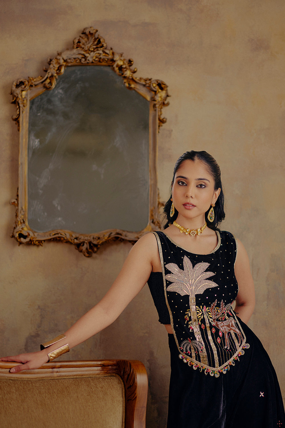 Black Velvet Sharara Set with Hand-Embroidered Forest Motif - Chandni
