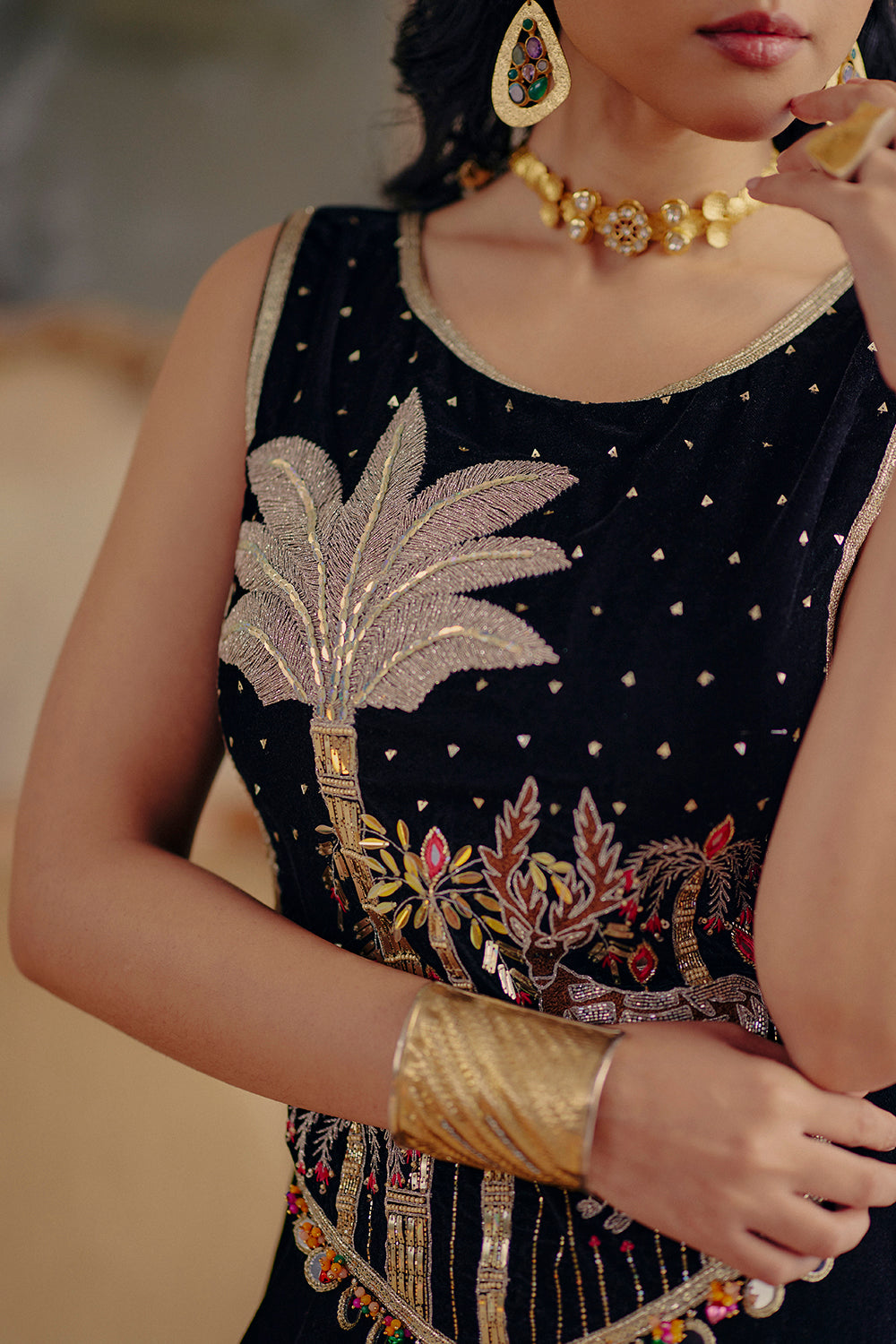 Black Velvet Hand-Embroidered Chandni Sharara Set for Festive Evenings
