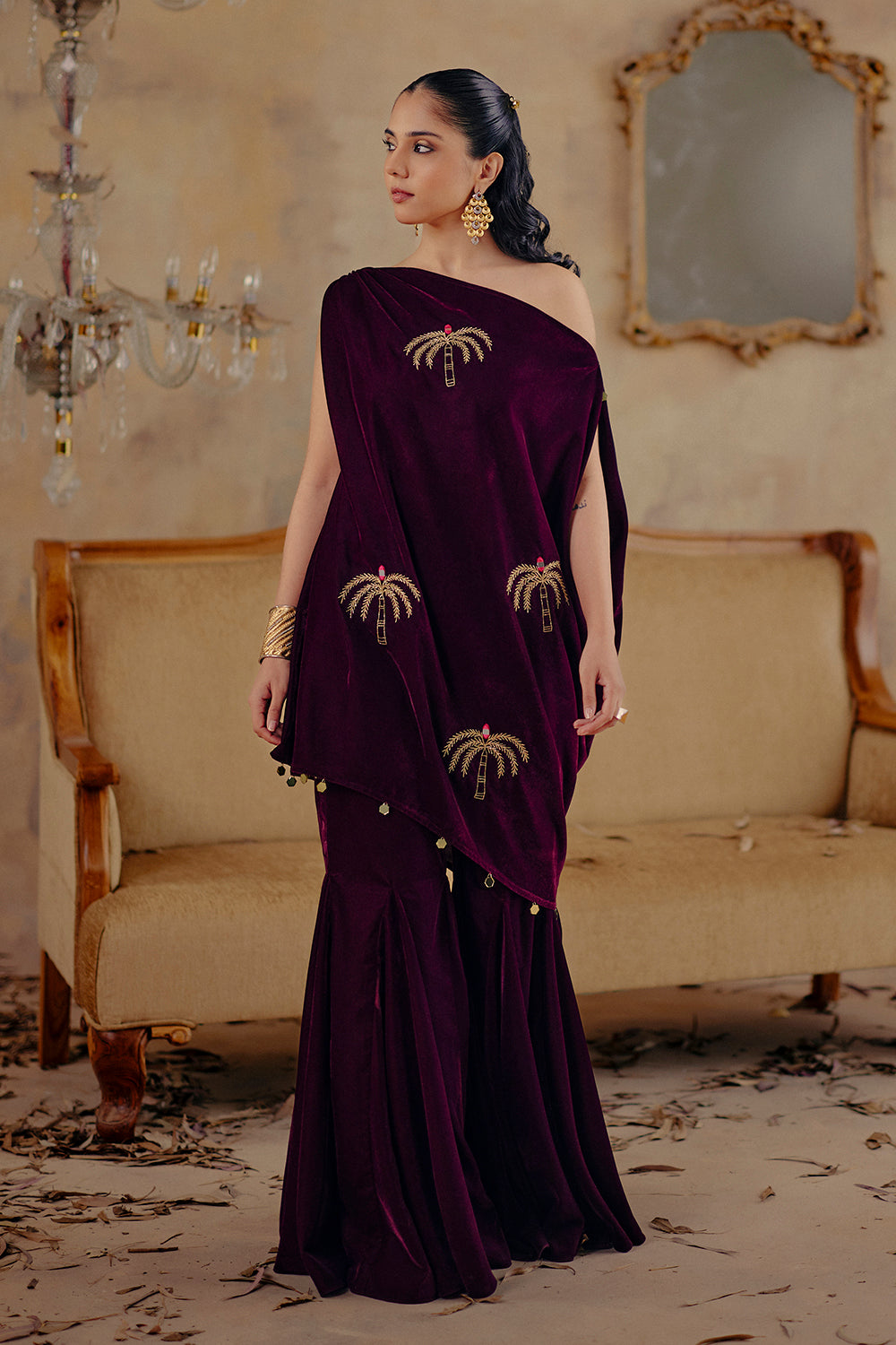 Deep Wine Velvet One-Shoulder Draped Tunic Set for Festive Evenings