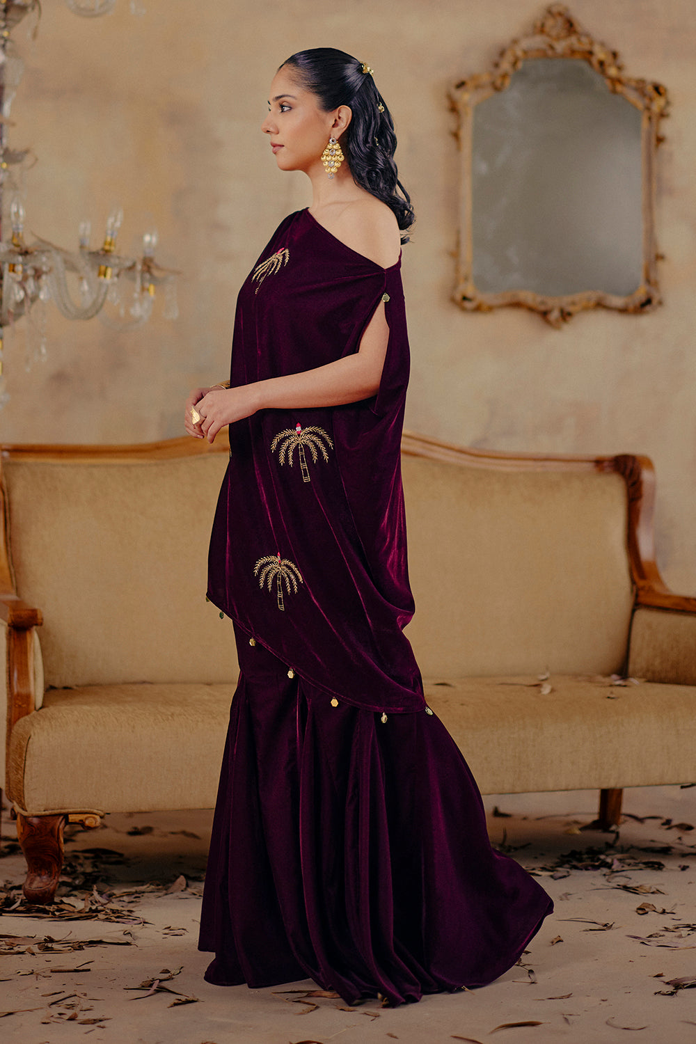 Fitoor Deep Wine Velvet Draped Tunic and Flared Pants Set