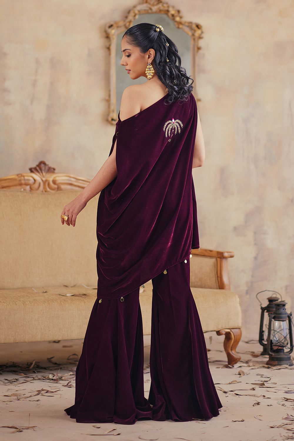 Deep Wine Velvet One-Shoulder Draped Tunic Set for Festive Evenings