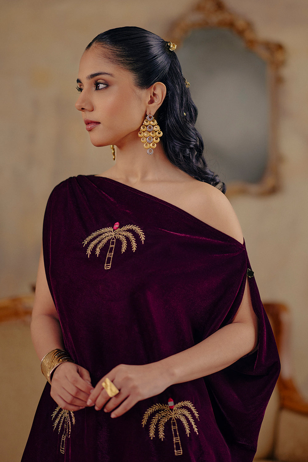 Deep Wine Velvet One-Shoulder Draped Tunic Set for Festive Evenings