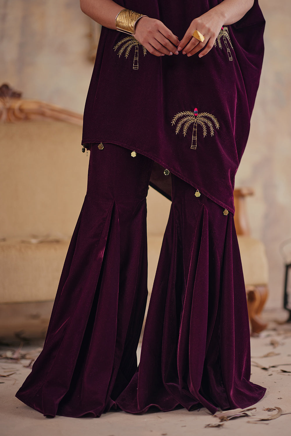 Deep Wine Velvet One-Shoulder Draped Tunic Set for Festive Evenings