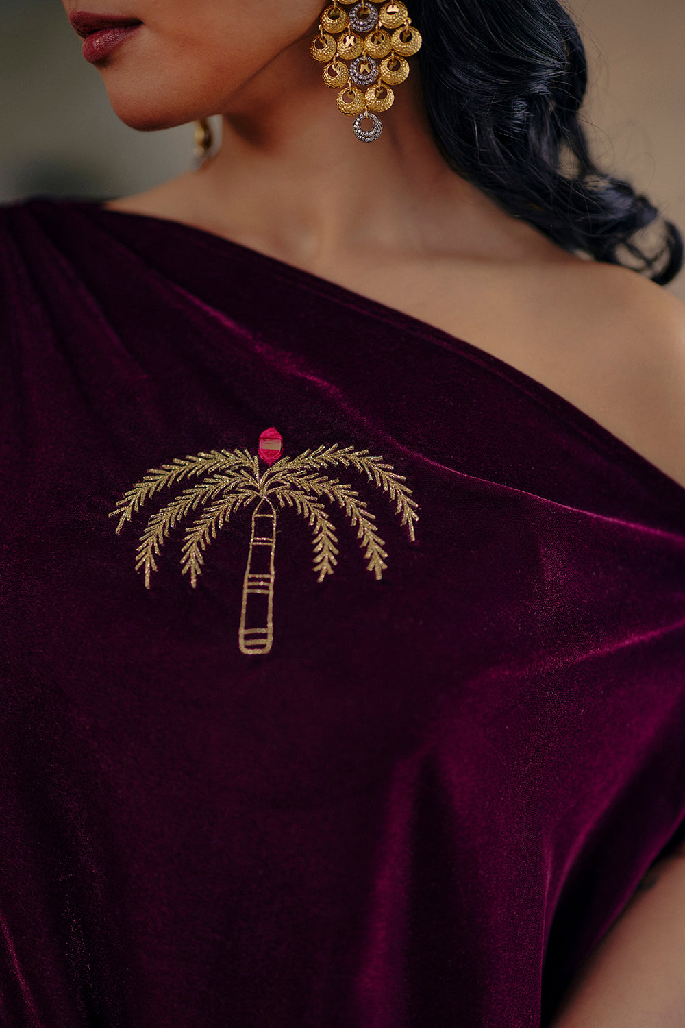 Fitoor Deep Wine Velvet Draped Tunic and Flared Pants Set
