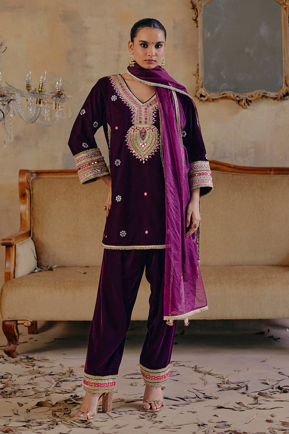 Deep Wine Velvet Kurta Set with Mirror Work - Gazal Festive Wear