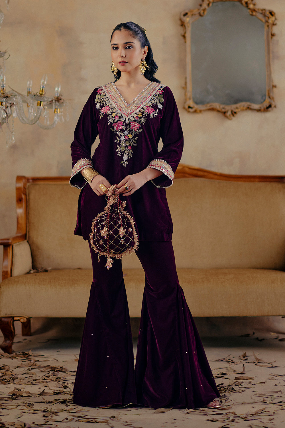 Deep Wine Velvet Sharara Set with Mirror Work - Maaheru