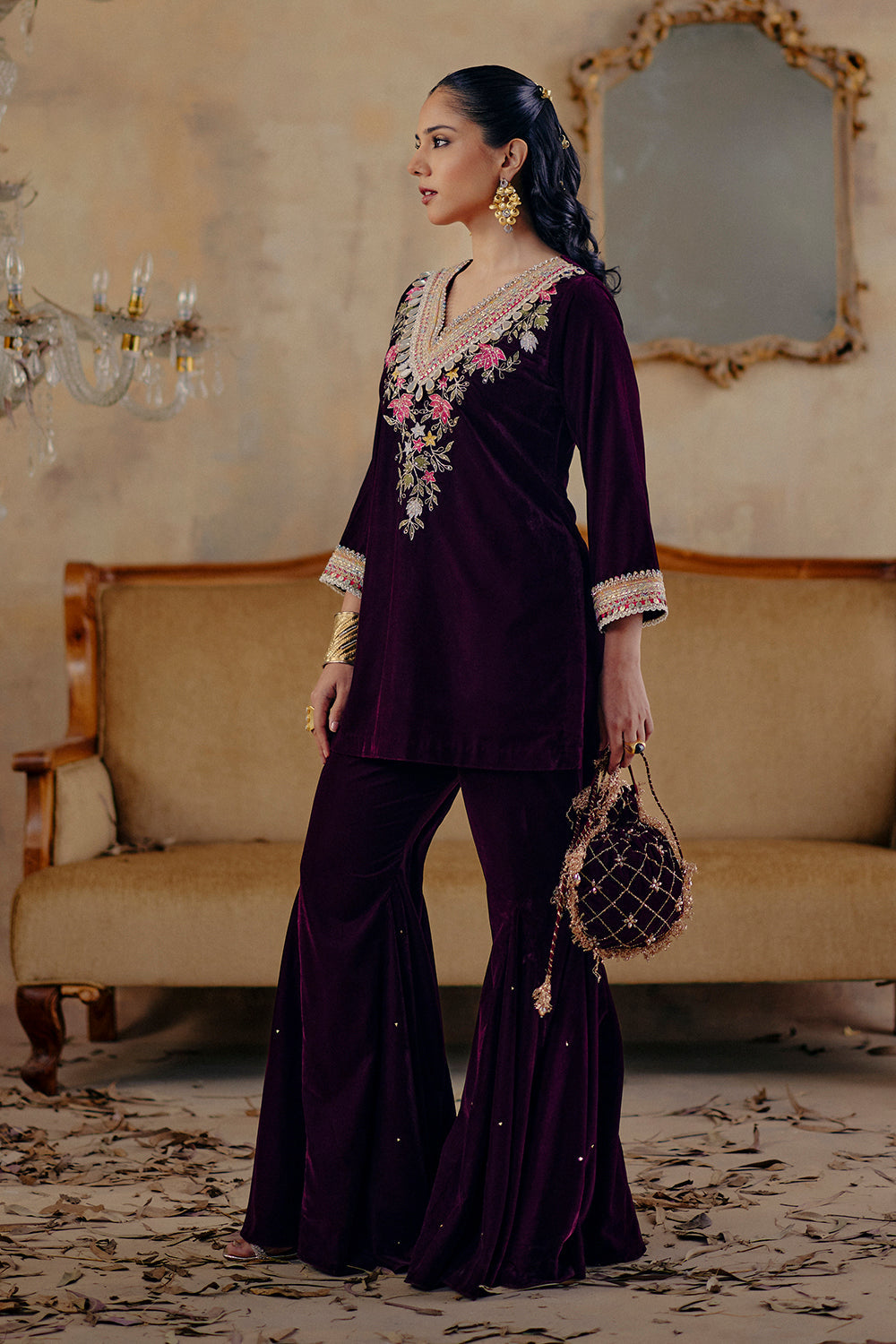 Deep Wine Hand-Embroidered Velvet Sharara Set for Festive Events