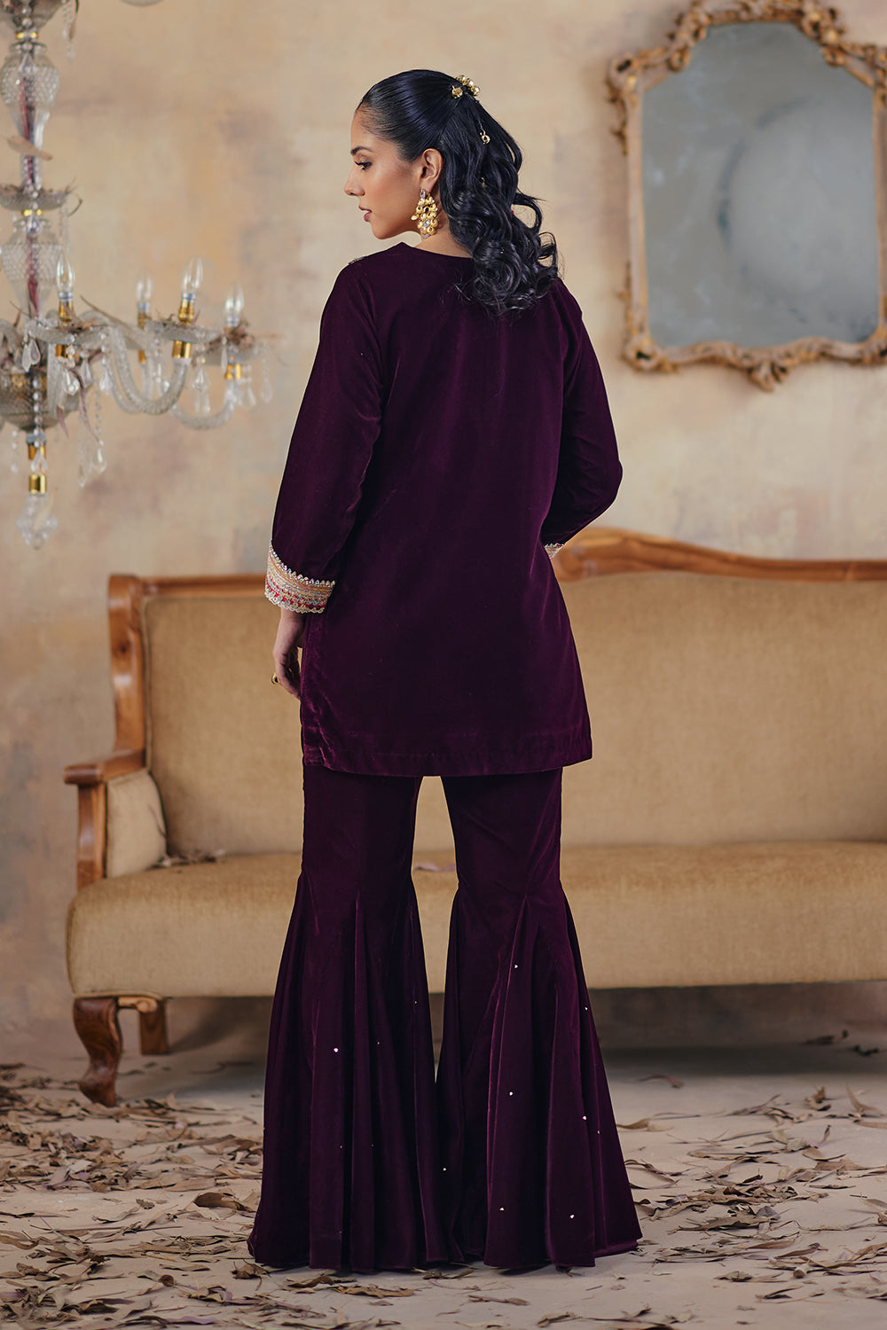 Deep Wine Velvet Sharara Set with Mirror Work - Maaheru