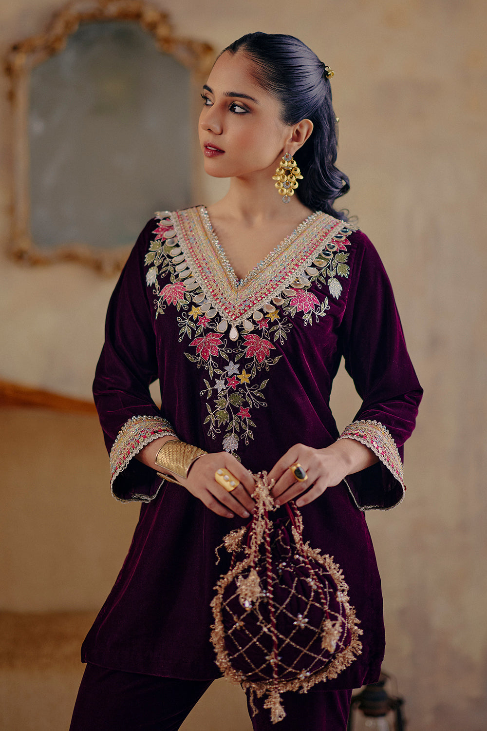 Deep Wine Velvet Sharara Set with Mirror Work - Maaheru