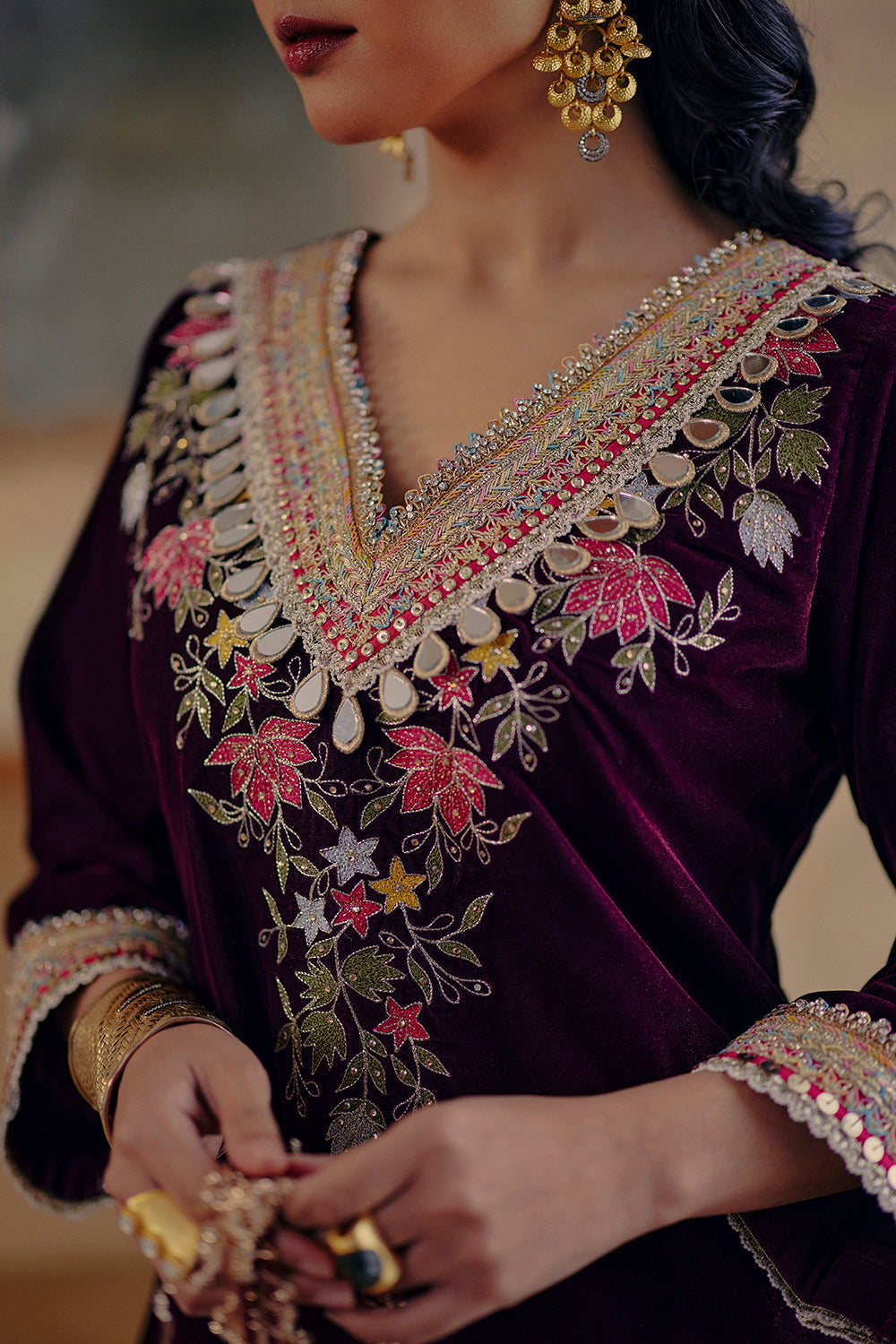 Deep Wine Hand-Embroidered Velvet Sharara Set for Festive Events