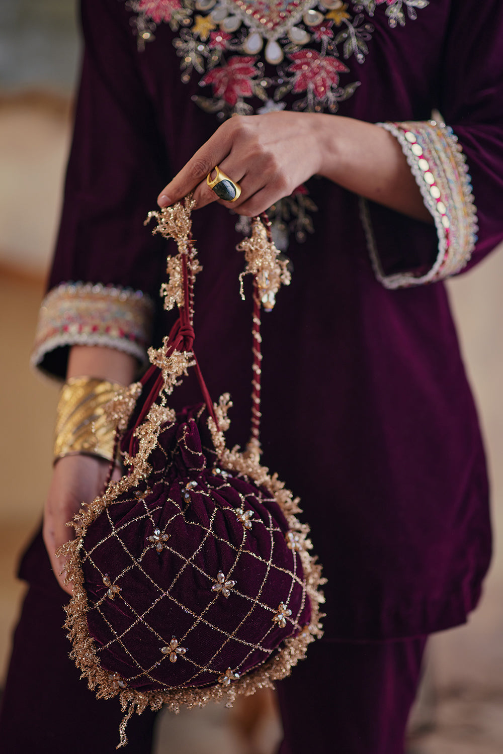 Deep Wine Velvet Sharara Set with Mirror Work - Maaheru