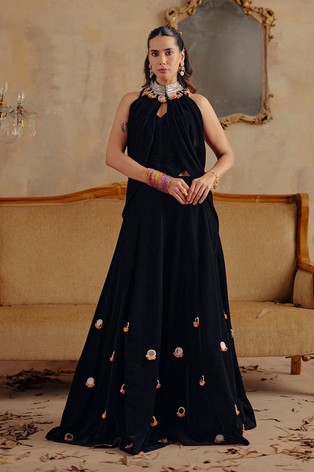 Classic Black Velvet Draped Cape Co-ord Set - Mahtab Evening Wear