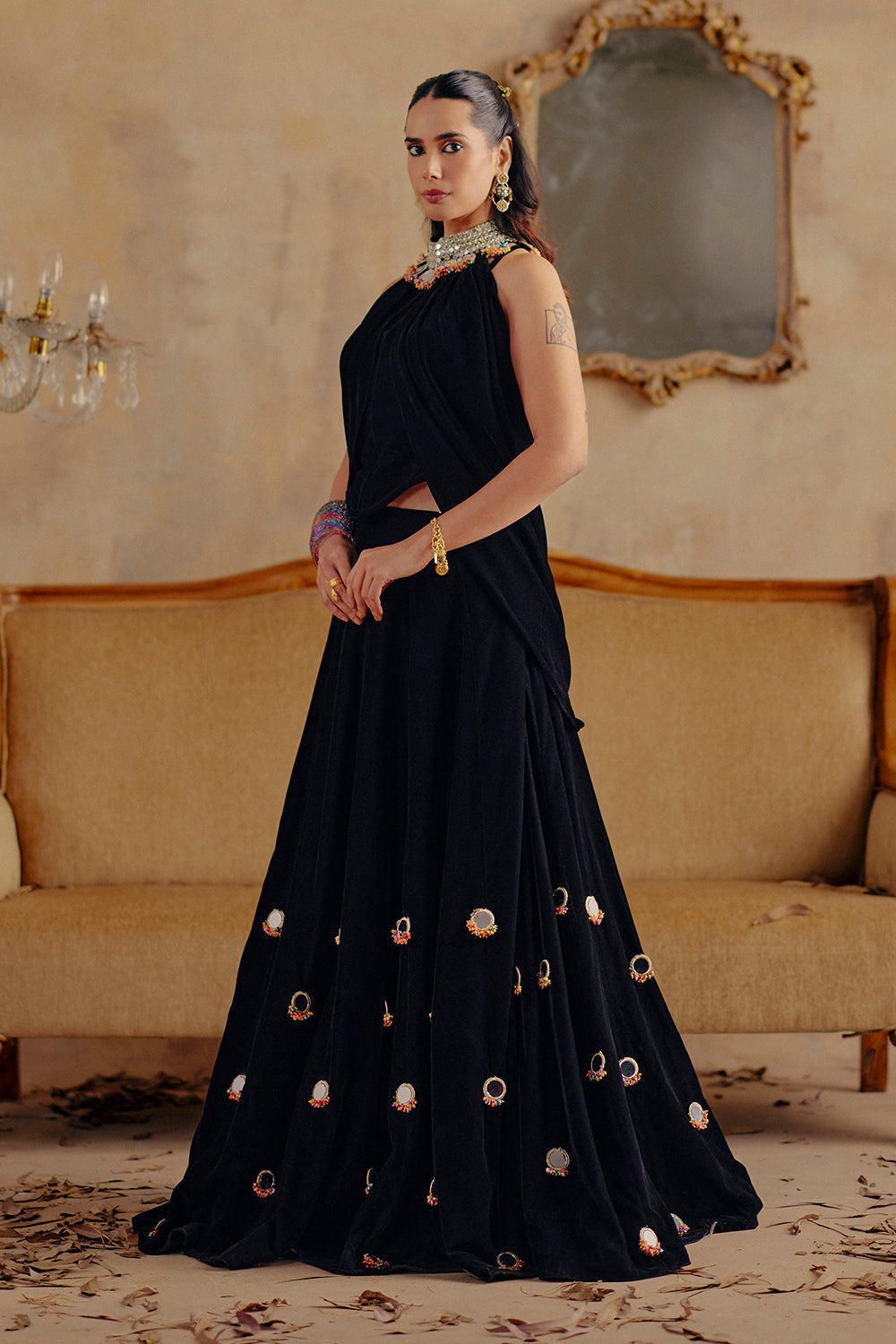 Classic Black Velvet Draped Cape Co-ord Set - Mahtab Evening Wear