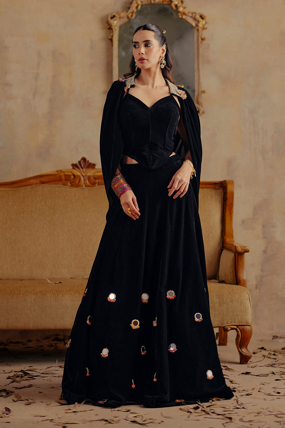 Classic Black Velvet Draped Cape Co-ord Set - Mahtab Evening Wear