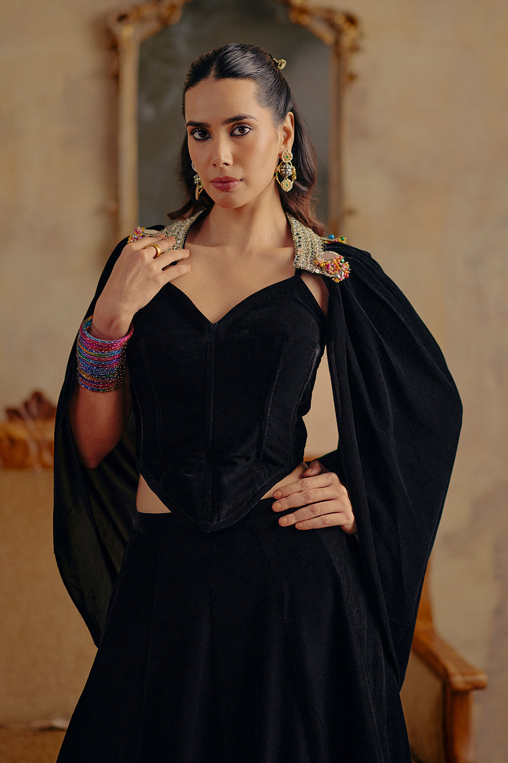 Classic Black Velvet Draped Cape Co-ord Set - Mahtab Evening Wear