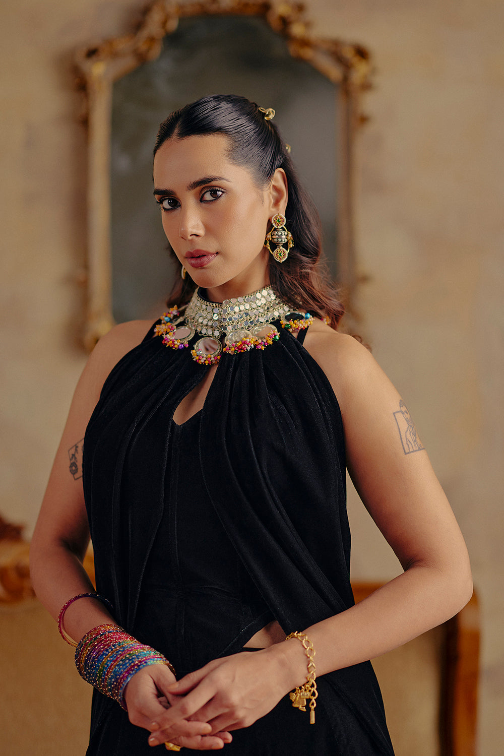 Classic Black Velvet Draped Cape Co-ord Set - Mahtab Evening Wear