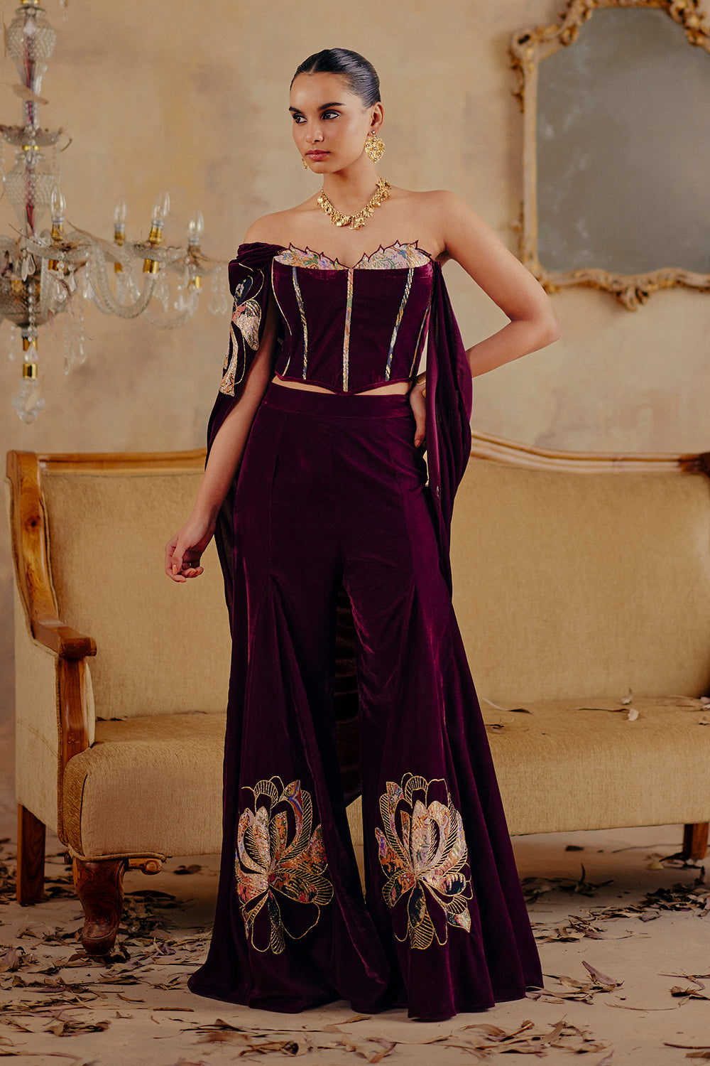Ragini Deep Wine Velvet Co-ord Set with Embroidered Corset