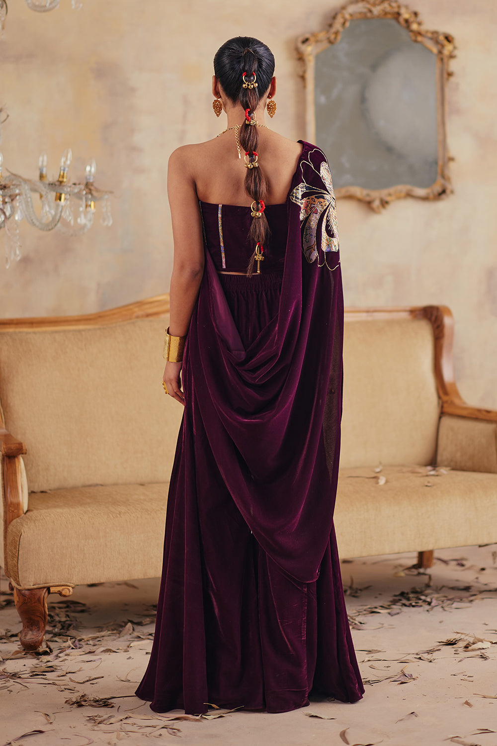 Ragini Deep Wine Velvet Co-ord Set with Embroidered Corset