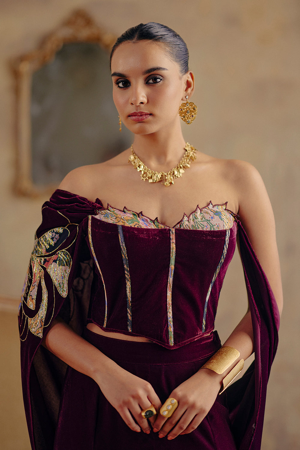 Ragini Deep Wine Velvet Corset Co-ord Set for Wedding Soirees