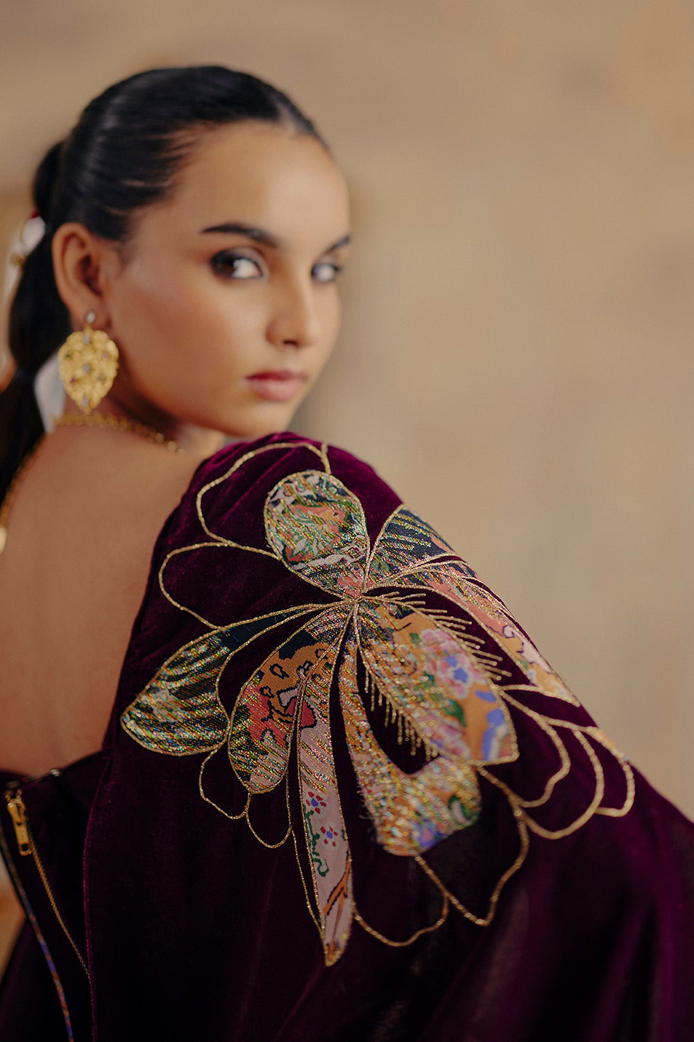 Ragini Deep Wine Velvet Co-ord Set with Embroidered Corset