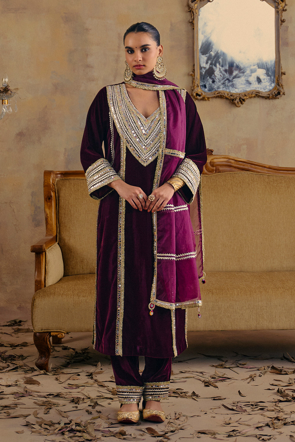 Roohani Deep Wine Velvet Kurti Set with Structured Organza Dupatta