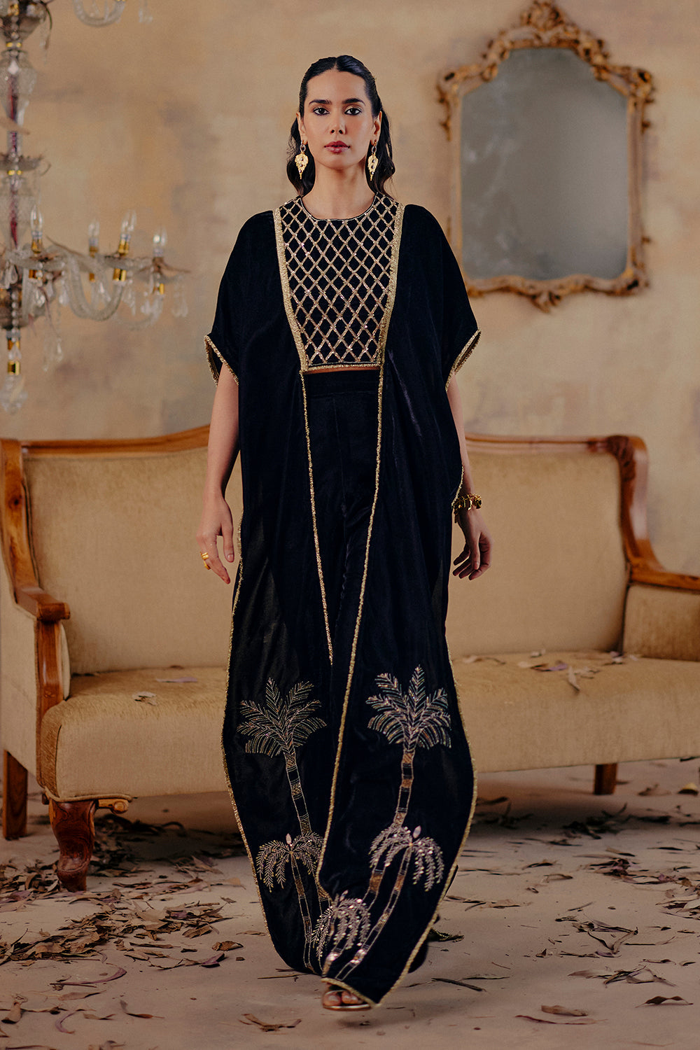 Ruaab Elegant Black Velvet Co-ord Set with Gold Embroidery