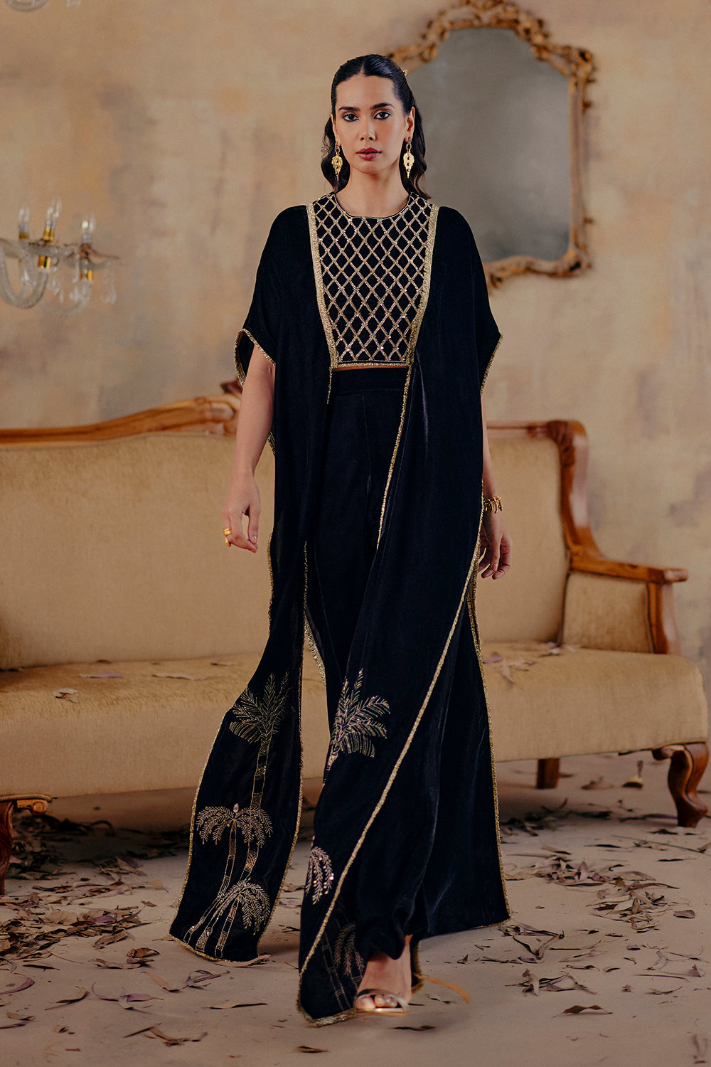 Ruaab Elegant Black Velvet Co-ord Set with Gold Embroidery