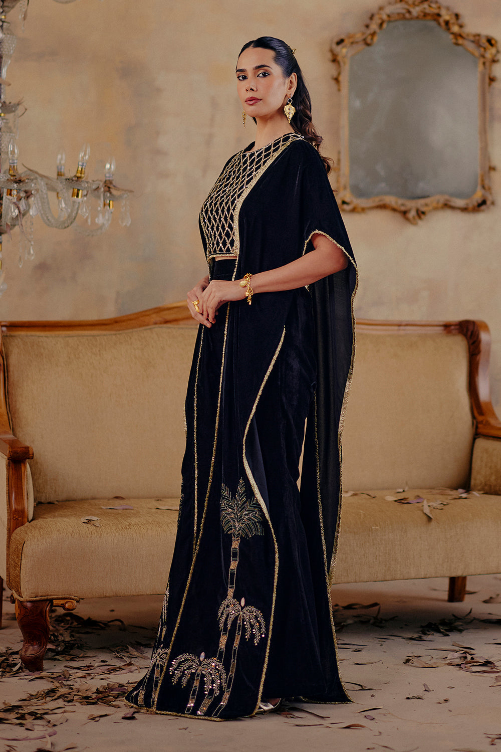Ruaab Elegant Black Velvet Co-ord Set with Gold Embroidery