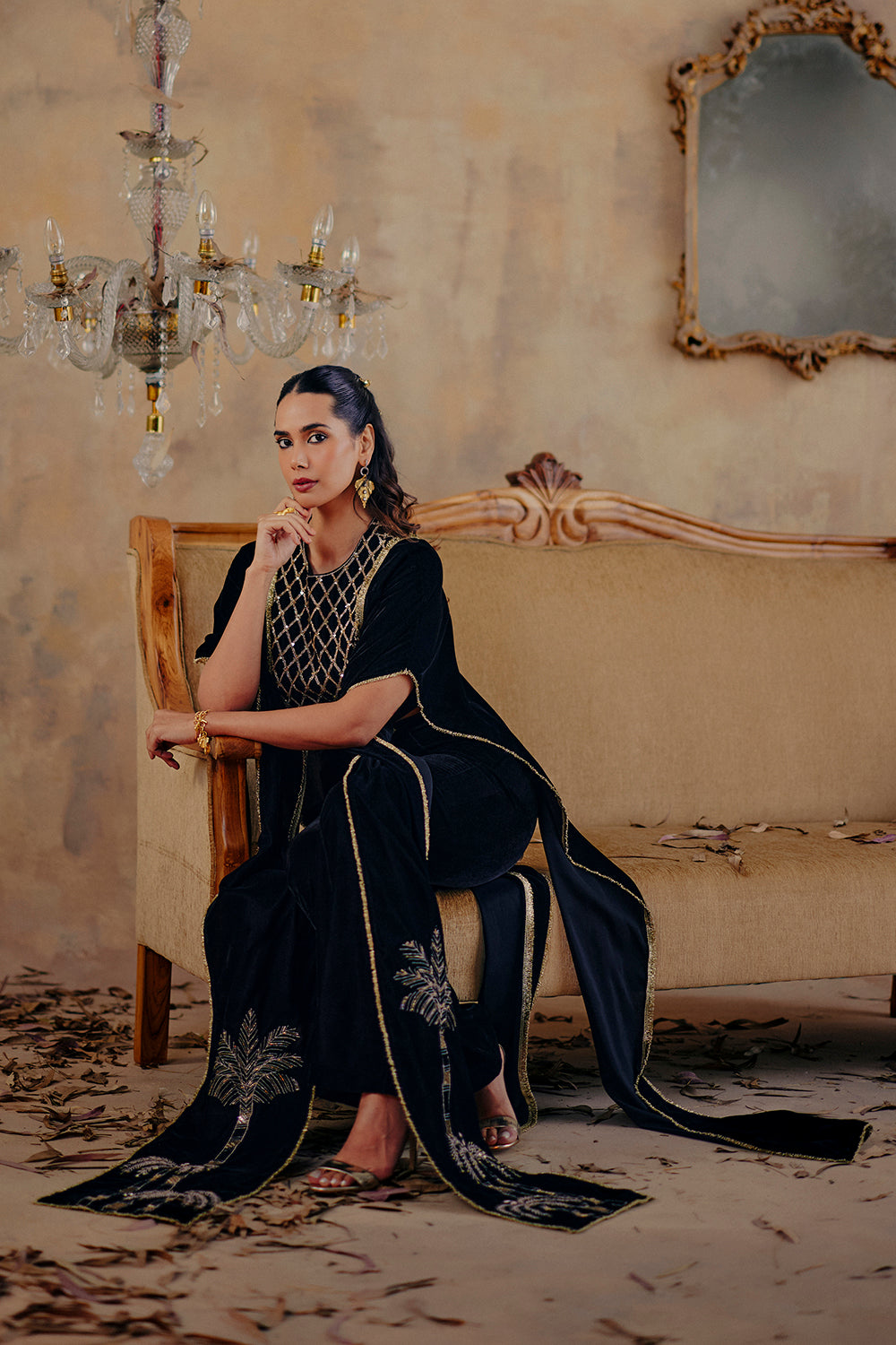 Ruaab Elegant Black Velvet Co-ord Set with Gold Embroidery