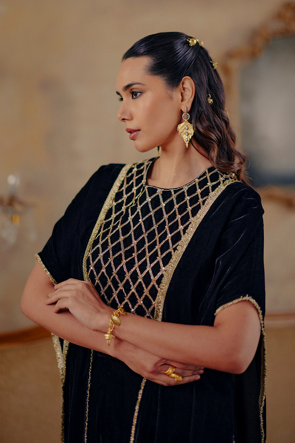 Ruaab Elegant Black Velvet Co-ord Set with Gold Embroidery