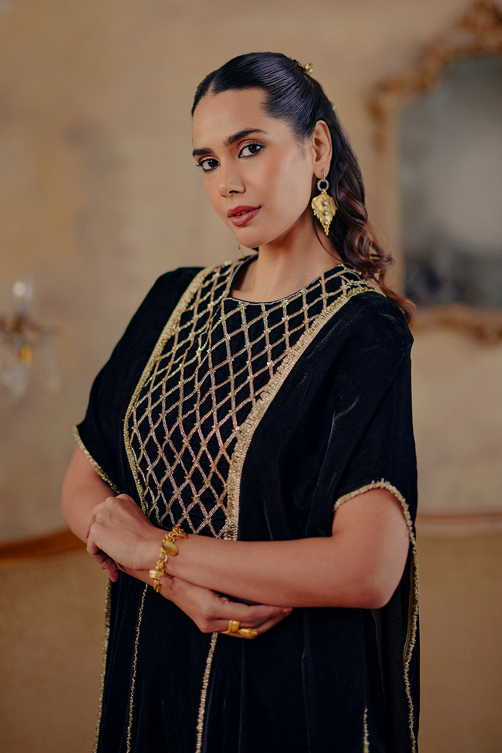 Ruaab Elegant Black Velvet Co-ord Set with Gold Embroidery