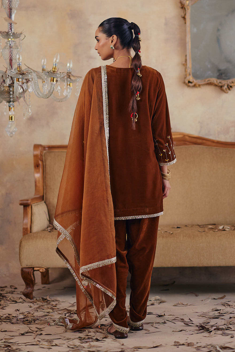 Saaz Velvet Embroidered Kurta with Dhoti & Organza Dupatta