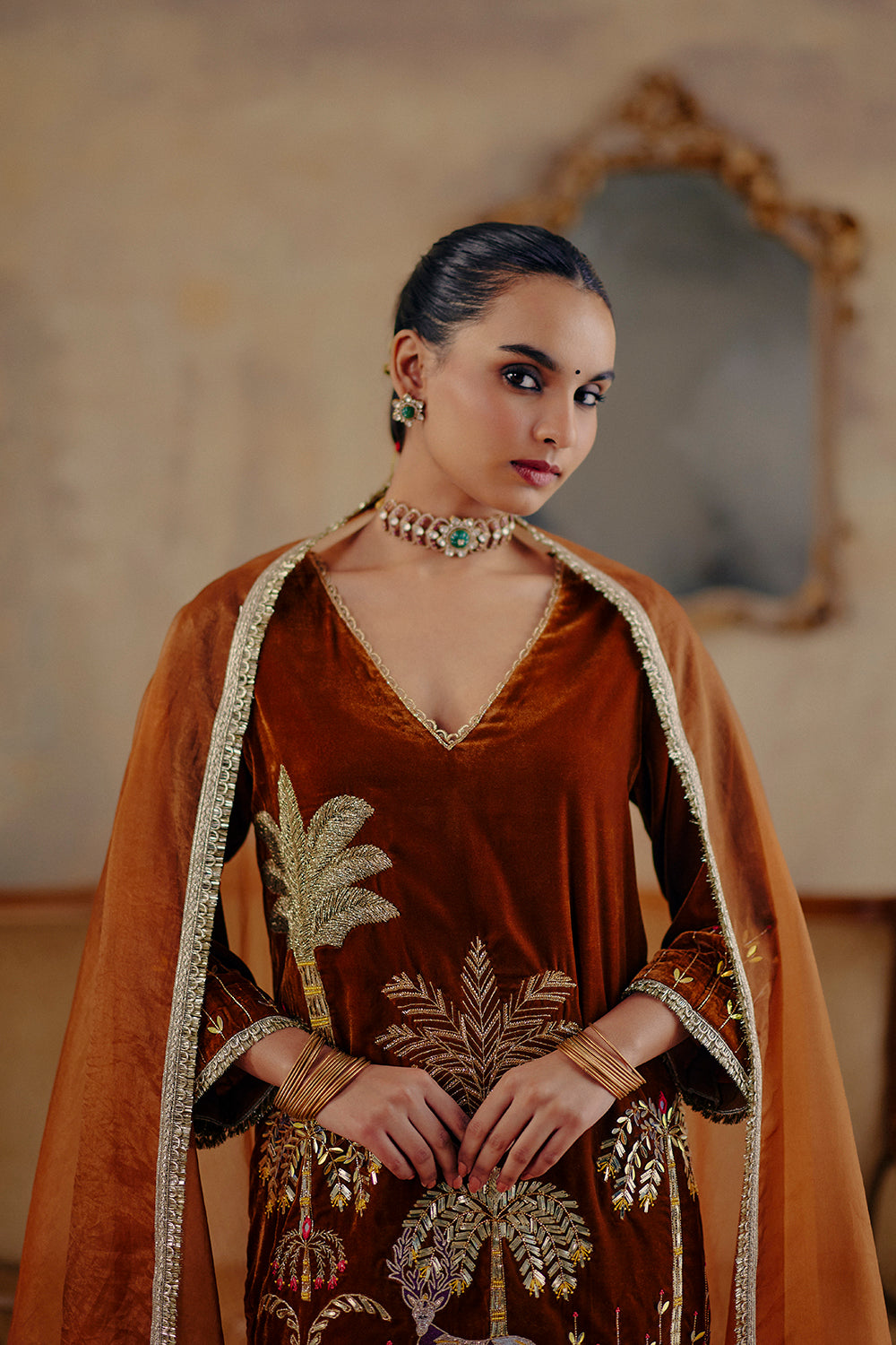 Saaz Velvet Embroidered Kurta with Dhoti & Organza Dupatta