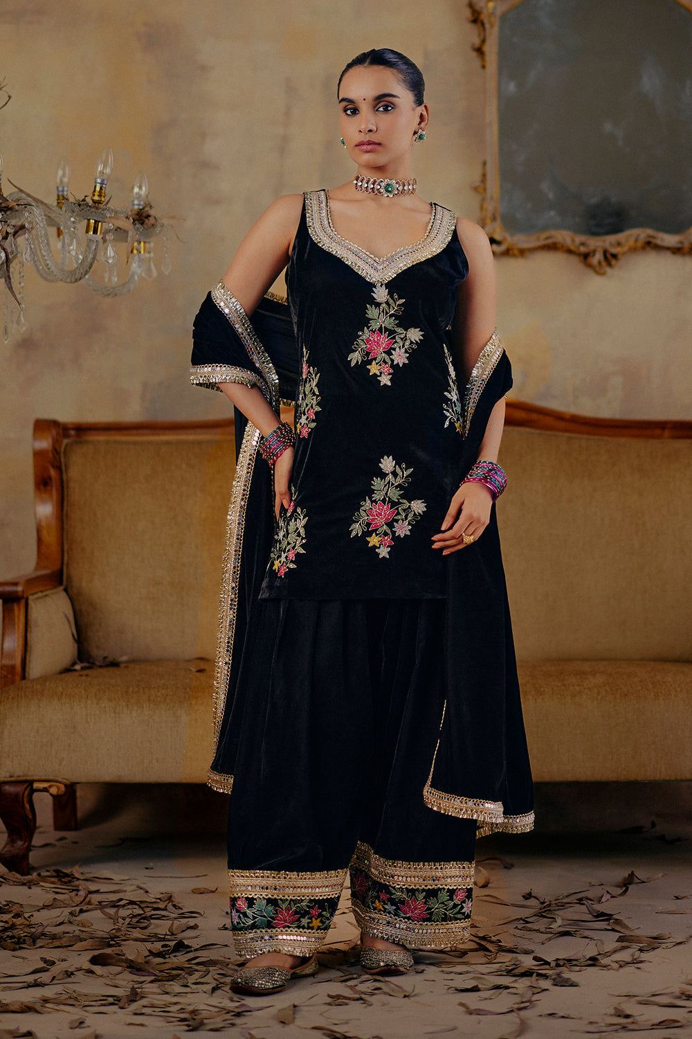 Black Embroidered Velvet Kurti Set with Farshi Salwar - Siddat