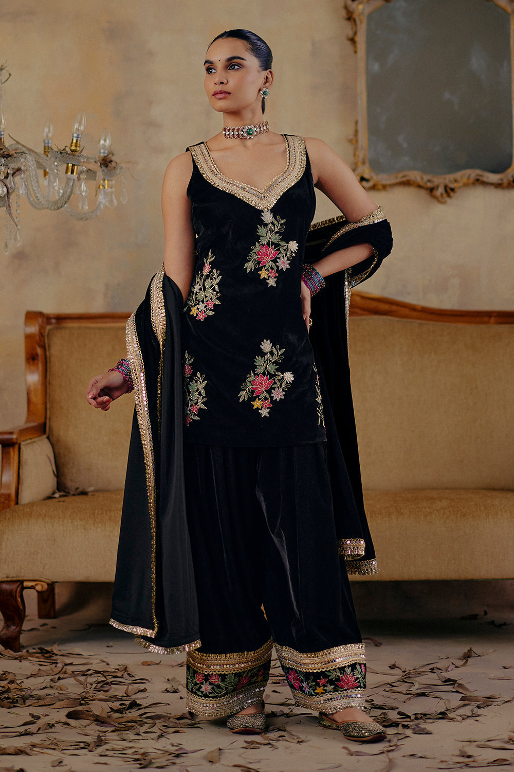 Black Embroidered Velvet Kurti Set with Farshi Salwar - Siddat