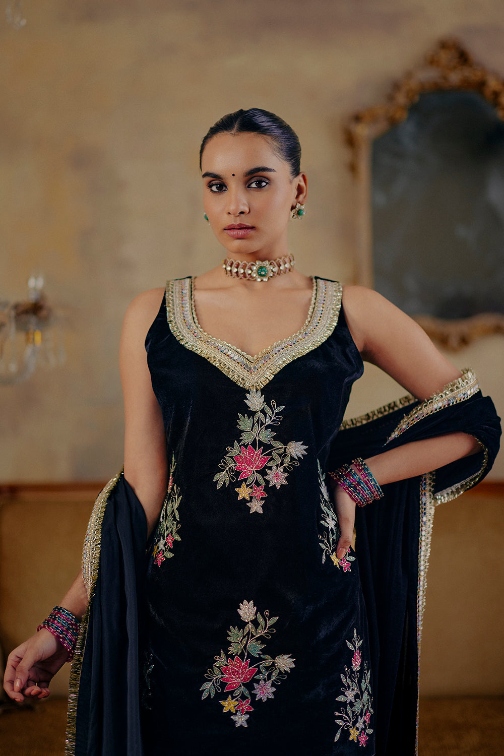 Black Embroidered Velvet Kurti Set with Farshi Salwar - Siddat