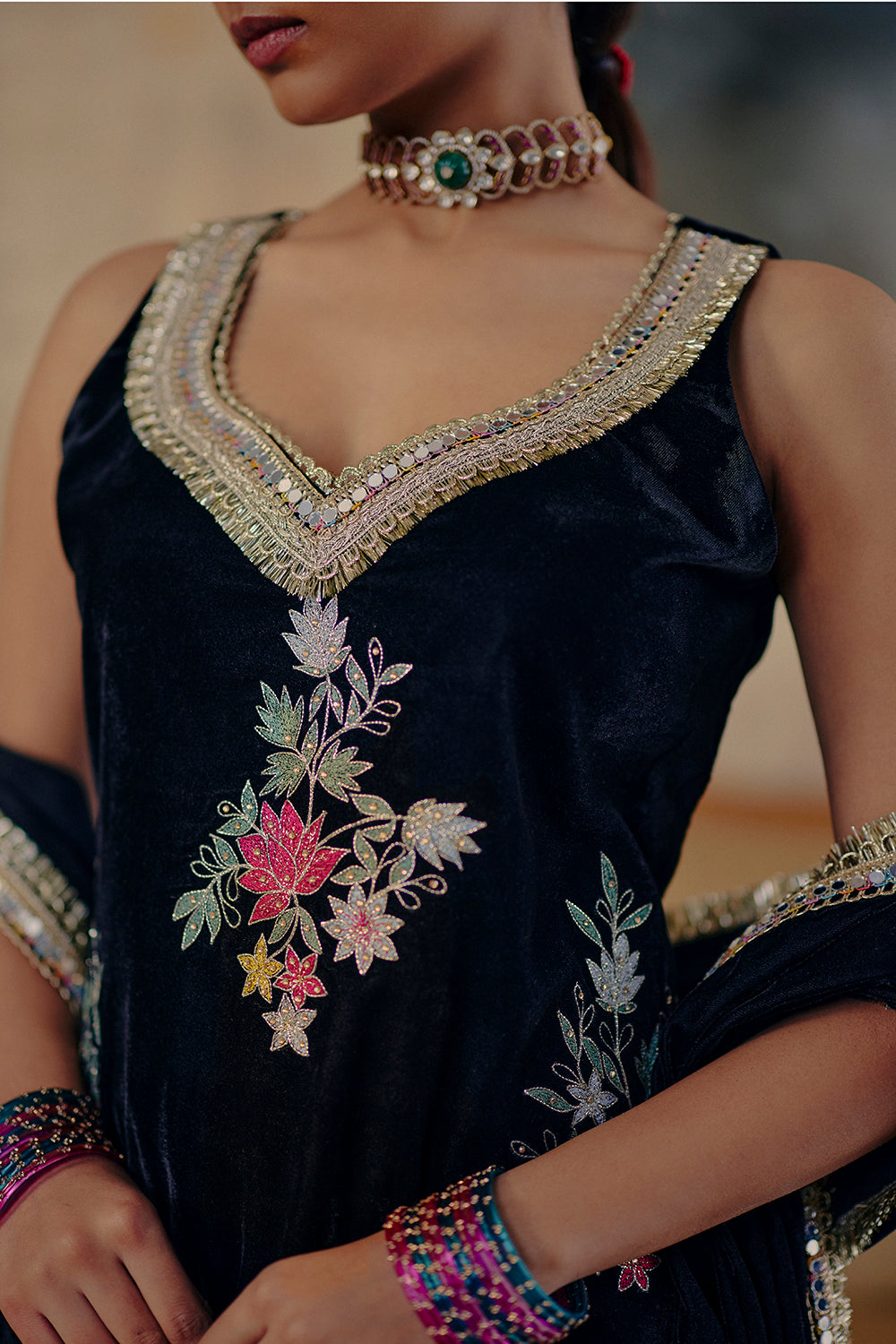 Black Embroidered Velvet Kurti Set with Farshi Salwar - Siddat