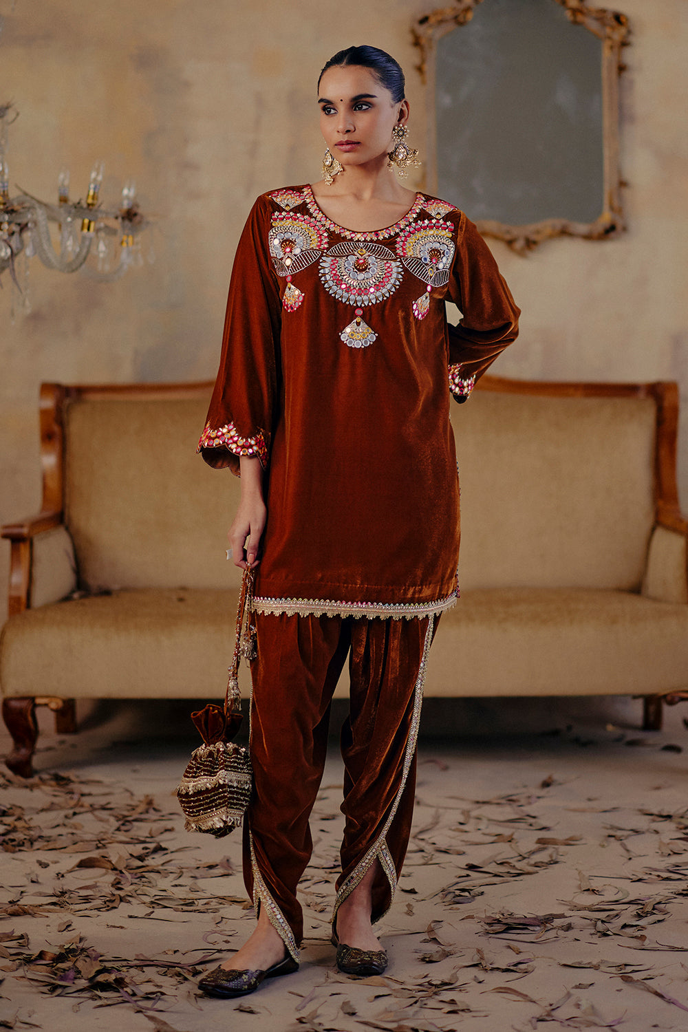 Olive Bronze Velvet Kurta with Dhoti Set - Tasavvur Festive Wear