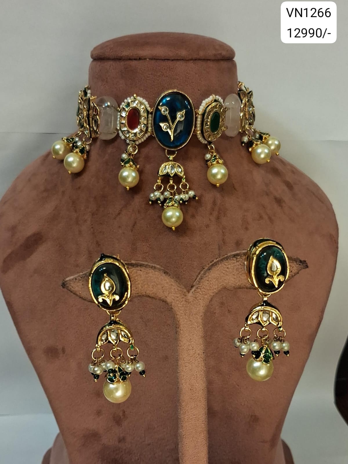 Navratna Kundan Pearl Choker Earring Set
