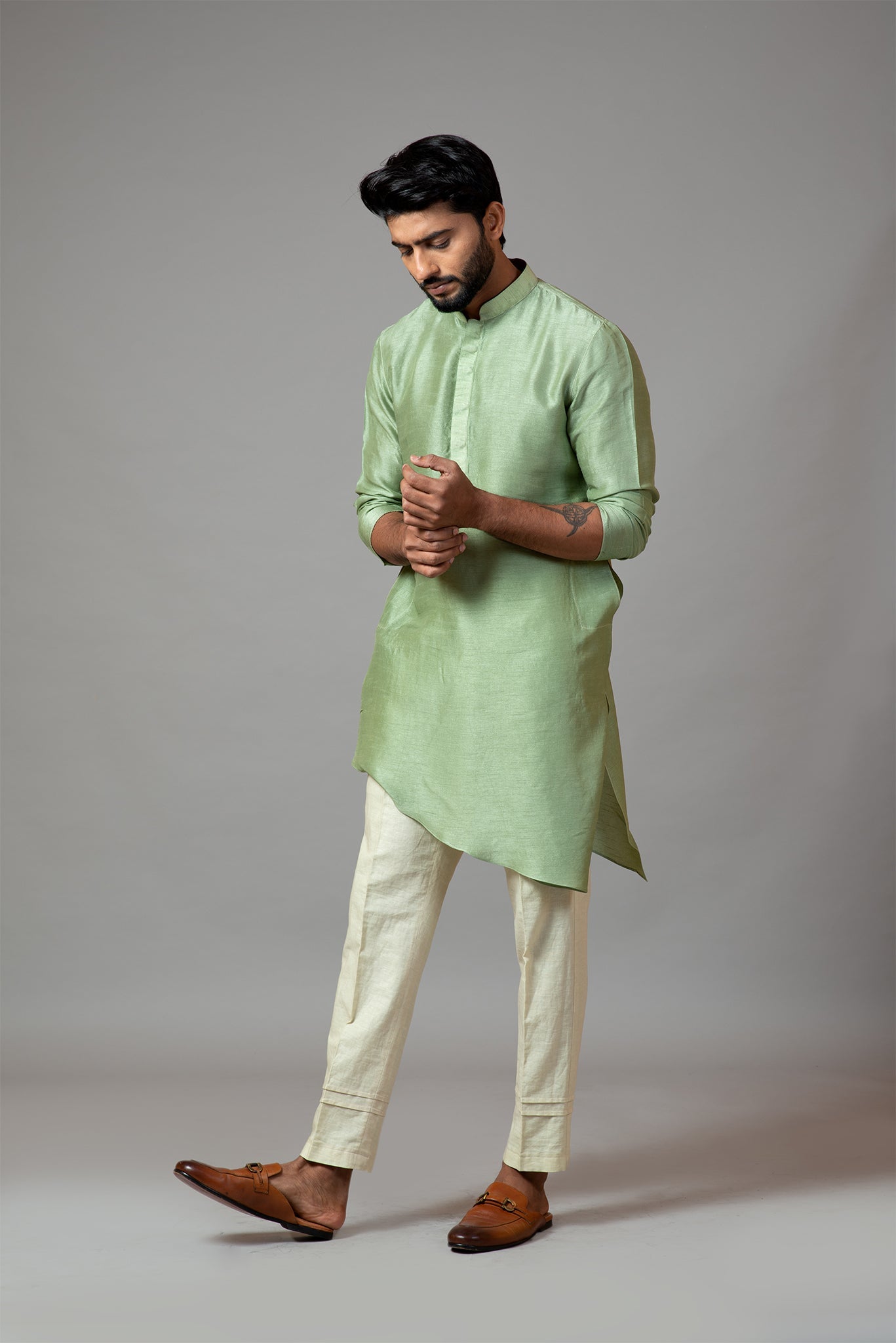 Assymetric Short Kurta With Pintucks Pant Pajama Set