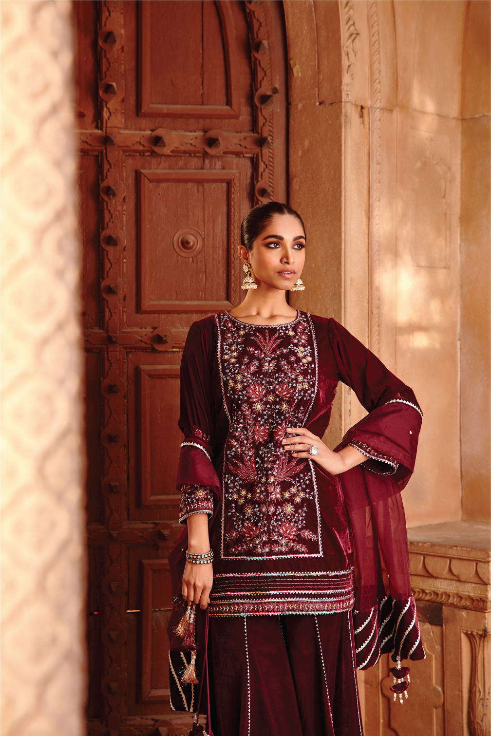 Nazia Wine Velvet Dori Embroidered Kurta Set with Organza Dupatta