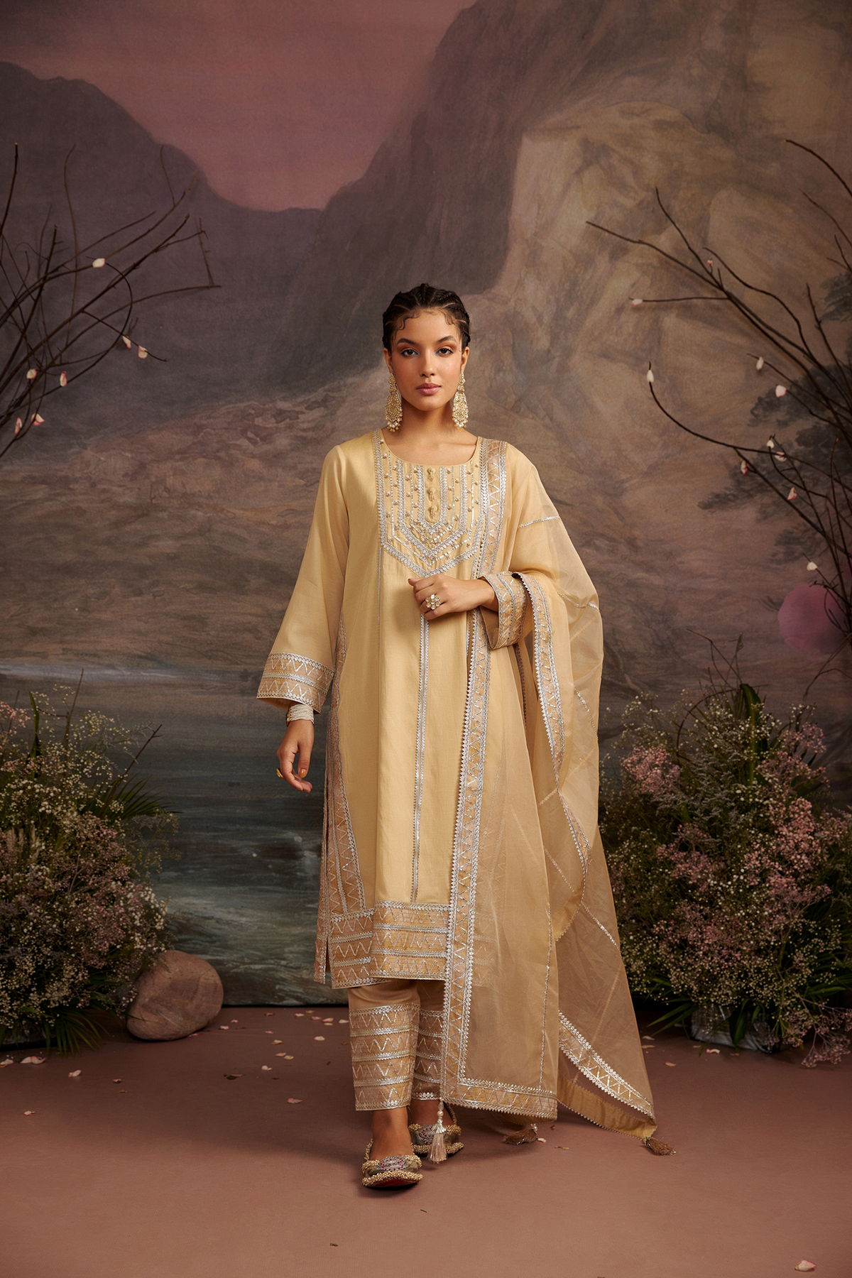 Honey Gold Gota Embellished Cotton Silk Kurta Set - Dhaani
