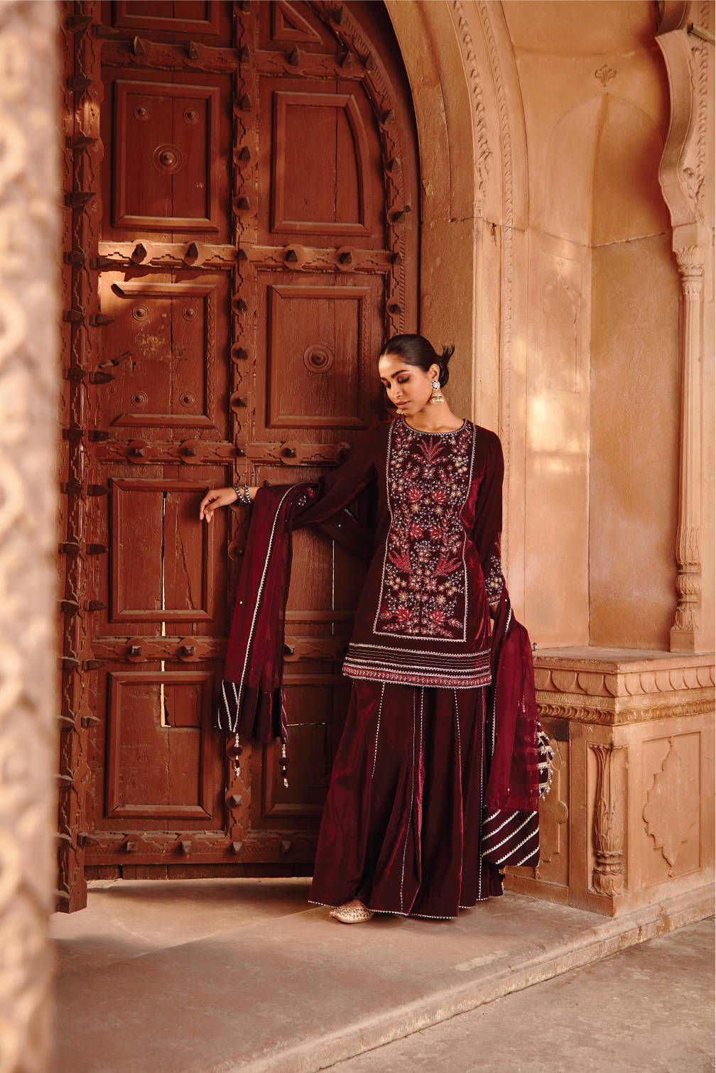 NAZIA Wine Velvet Dori Embroidered Garara Set for Weddings