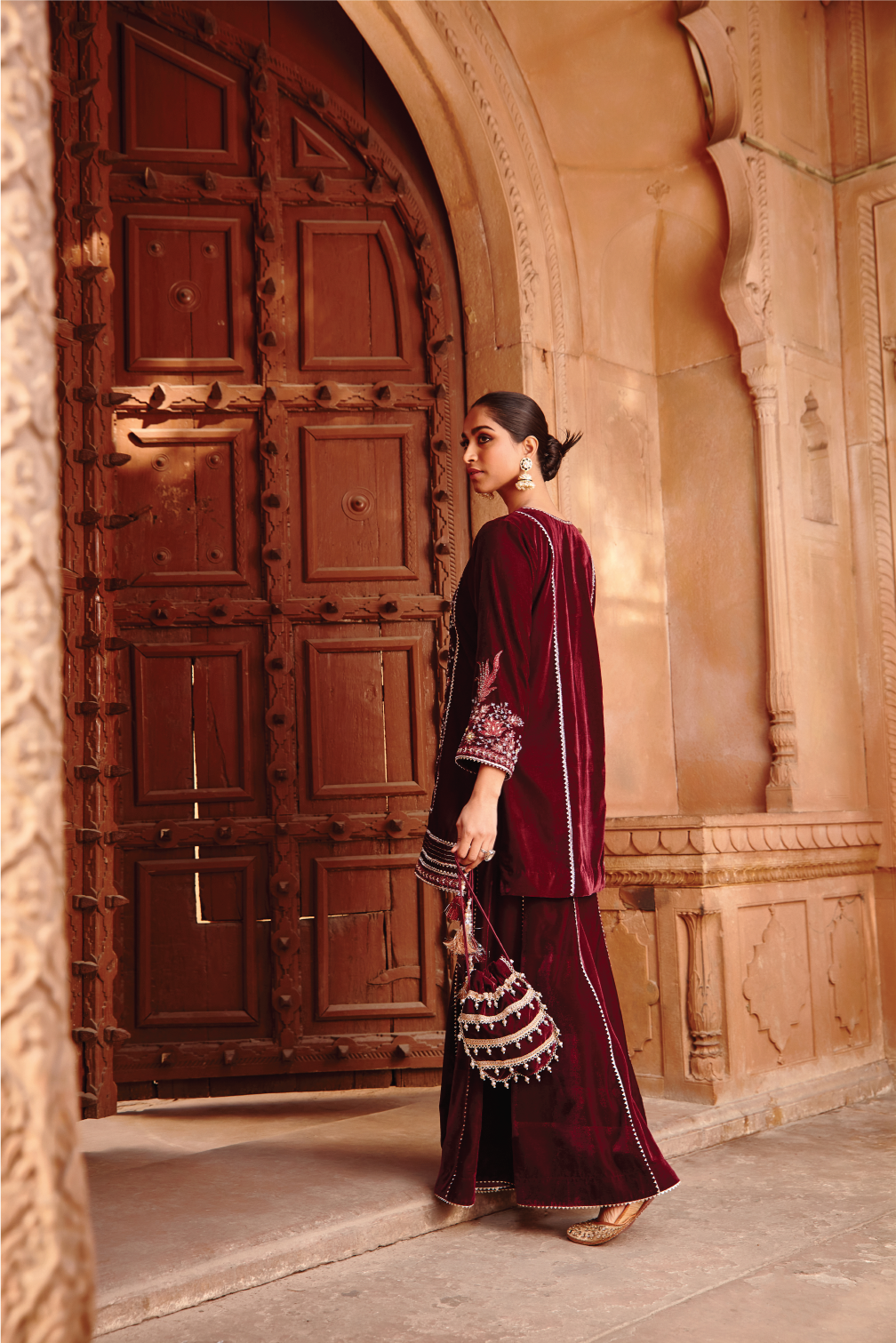 Nazia Wine Velvet Dori Embroidered Kurta Set with Organza Dupatta