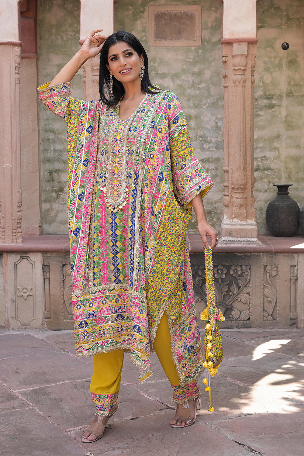 Yellow Viscose Crepe Kaftan Pant Set with Mirror Work for Festive