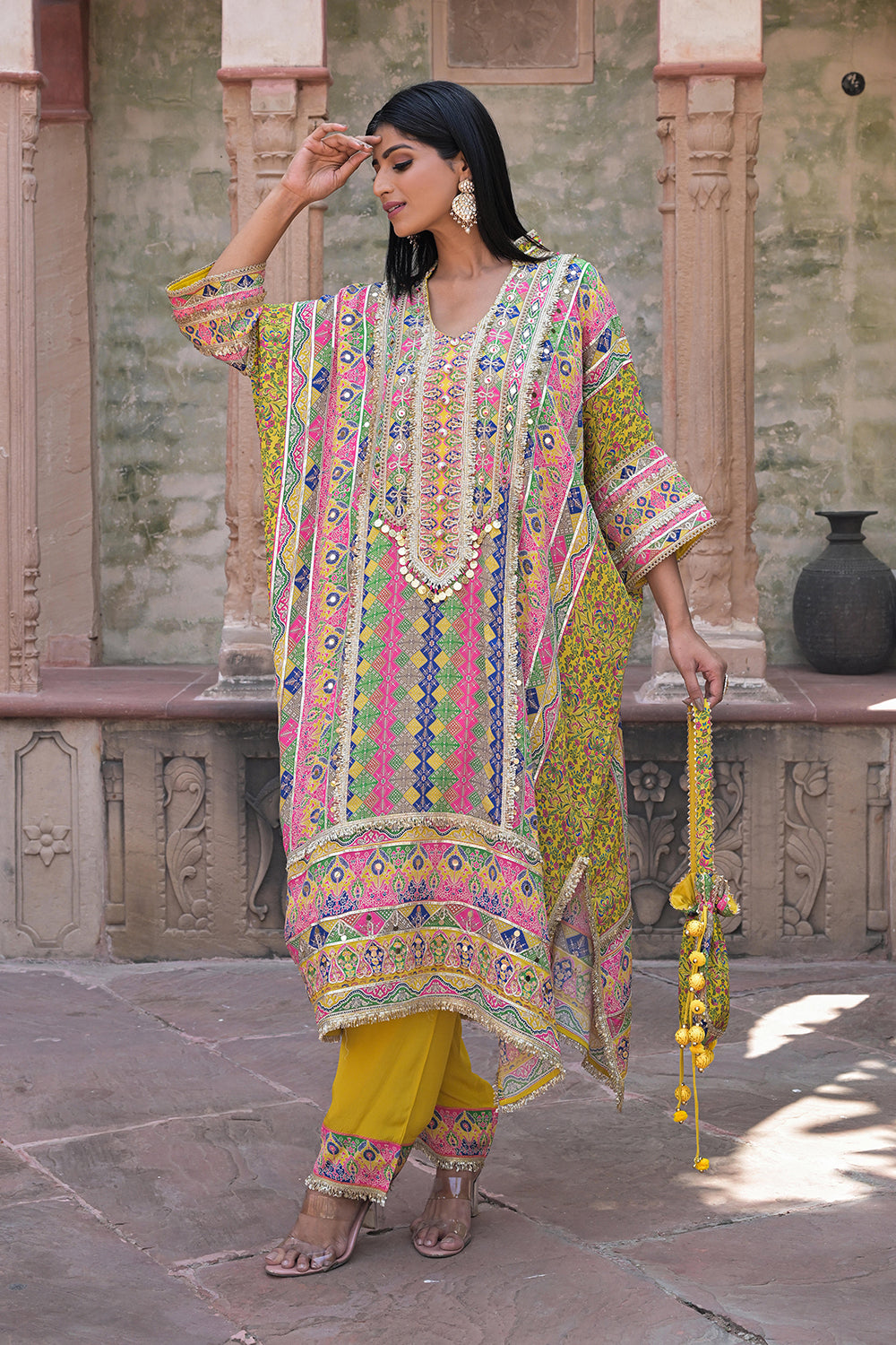 Yellow Viscose Crepe Kaftan Pant Set with Mirror Work for Festive