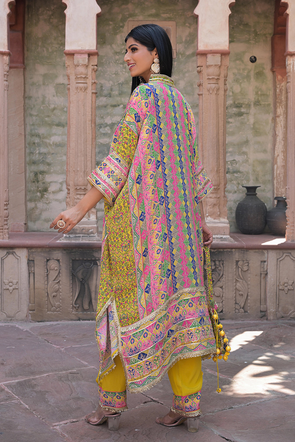 Yellow Viscose Crepe Kaftan Pant Set with Mirror Work for Festive